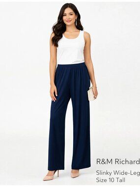 R&M Richards Navy Slinky Travel Knit Pants Size 10 Tall Stretch Pull‑On Wide Leg